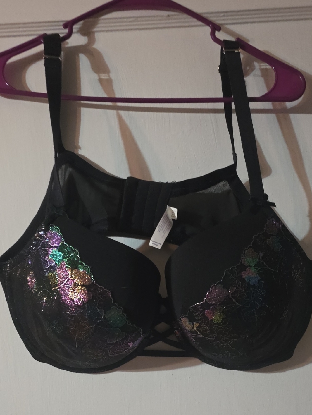 Cacique Black Lace Bra with Iridescent Floral Embroidery